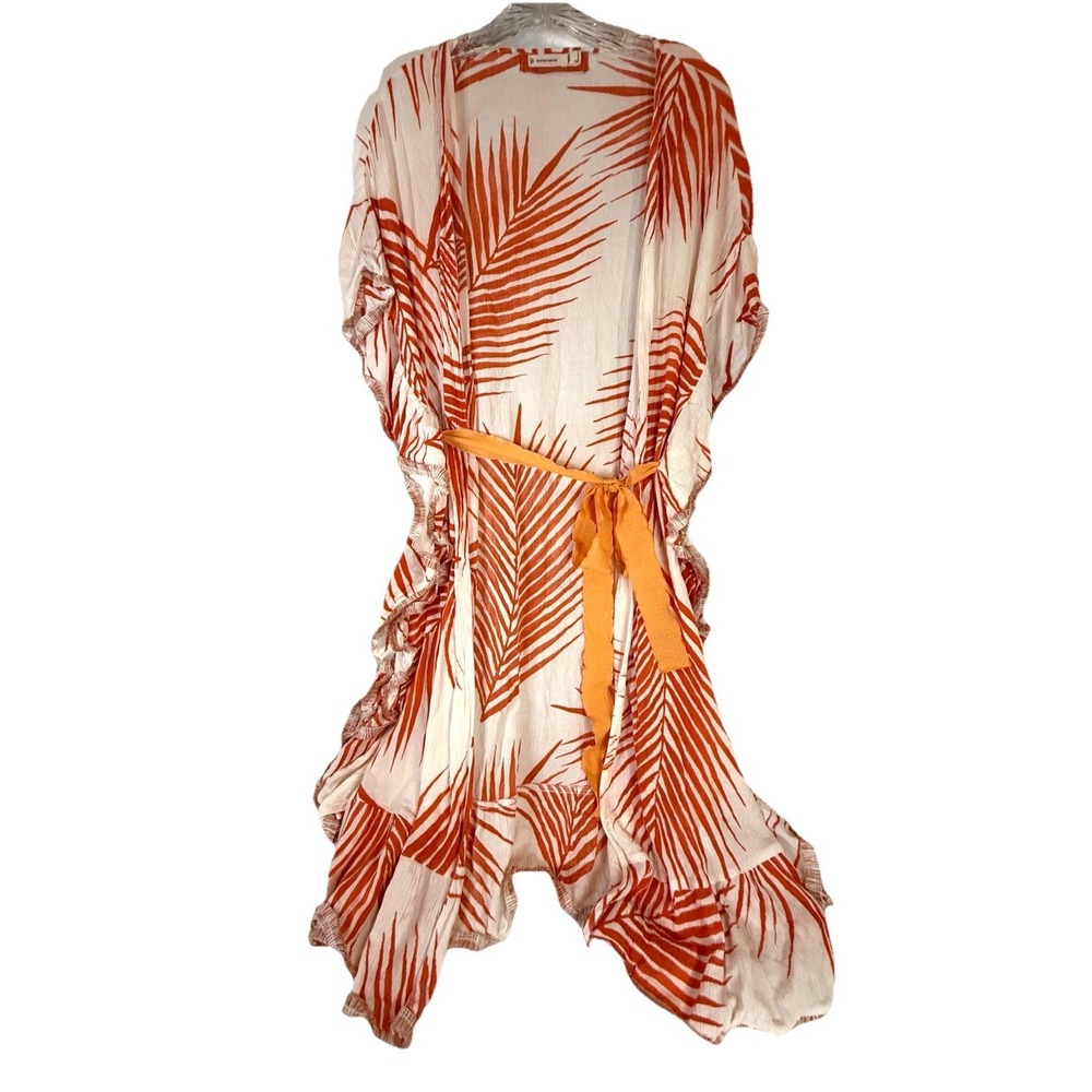 Vacation Resort Palm Print Kimono Cover-Up Boho Beach Orange Ivory M Oversized - Picture 2 of 9